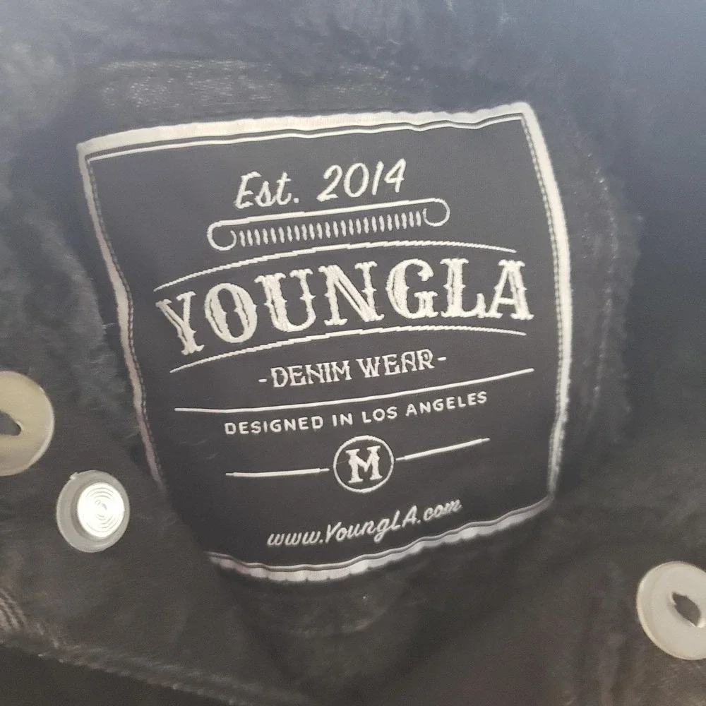 YoungLA Jacket Mens Medium Black Denim Trucker Sherpa Collar Distressed Faux Fur